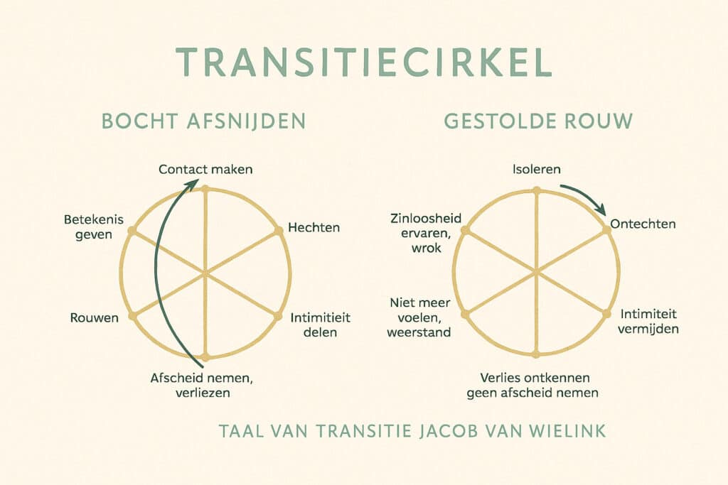 Transitiecirkel, rouw, verlies, bocht afsnijden, gestolde rouw, leiderschap, betekenis, afscheid, coach zwolle bij rouw en verlies